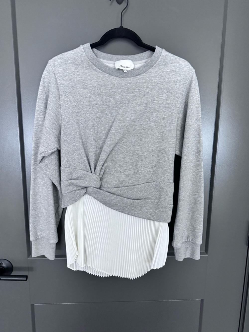 3.1 Phillip LimTwist-Front Grey Sweatshirt with Pleated White Hem